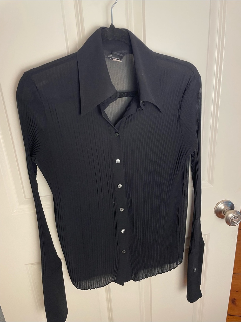 Black Pleated Sheer Button-Up Shirt